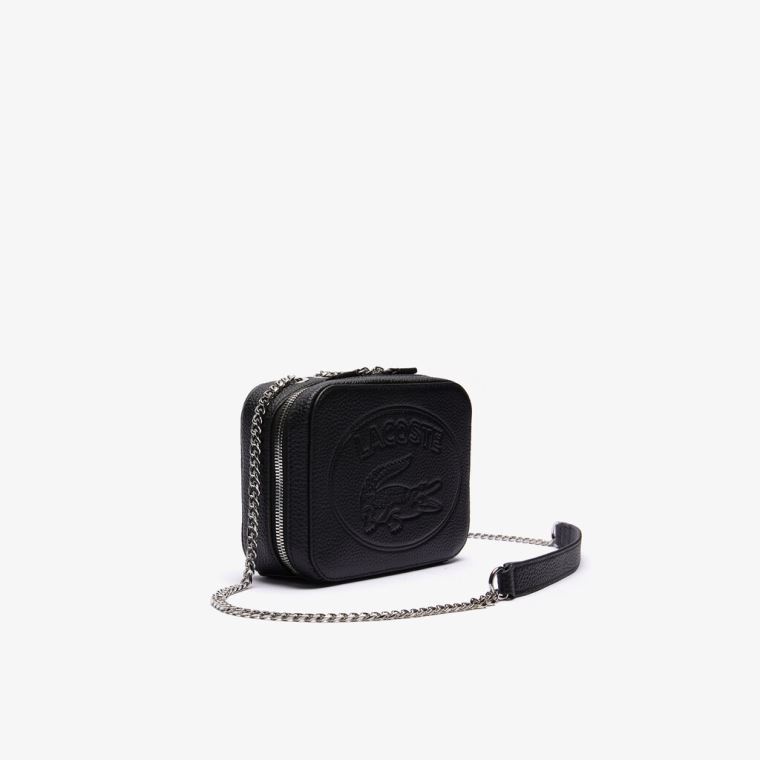 Lacoste Croco Crew Grained Læder Zip Shoulder Bag Sort | w4qks5GH