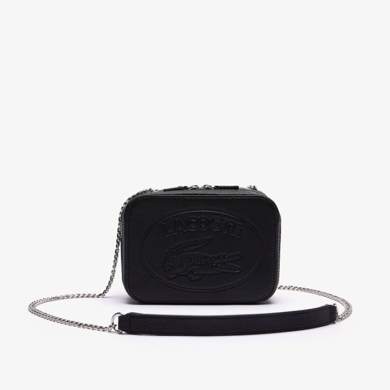 Lacoste Croco Crew Grained Læder Zip Shoulder Bag Sort | w4qks5GH