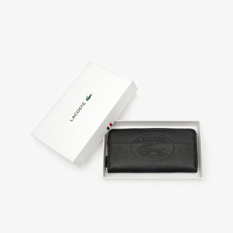 Lacoste Croco Crew Grained Læder Zip Wallet Sort | 9Oy0jiAc