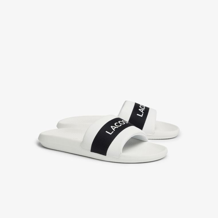 Lacoste Croco Slides Tekstil Logo Hvide Mørkeblå | eUyOIOIf