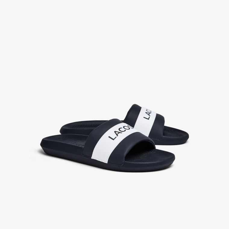 Lacoste Croco Slides Tekstil Logo Mørkeblå Hvide | b0G4d5Rj