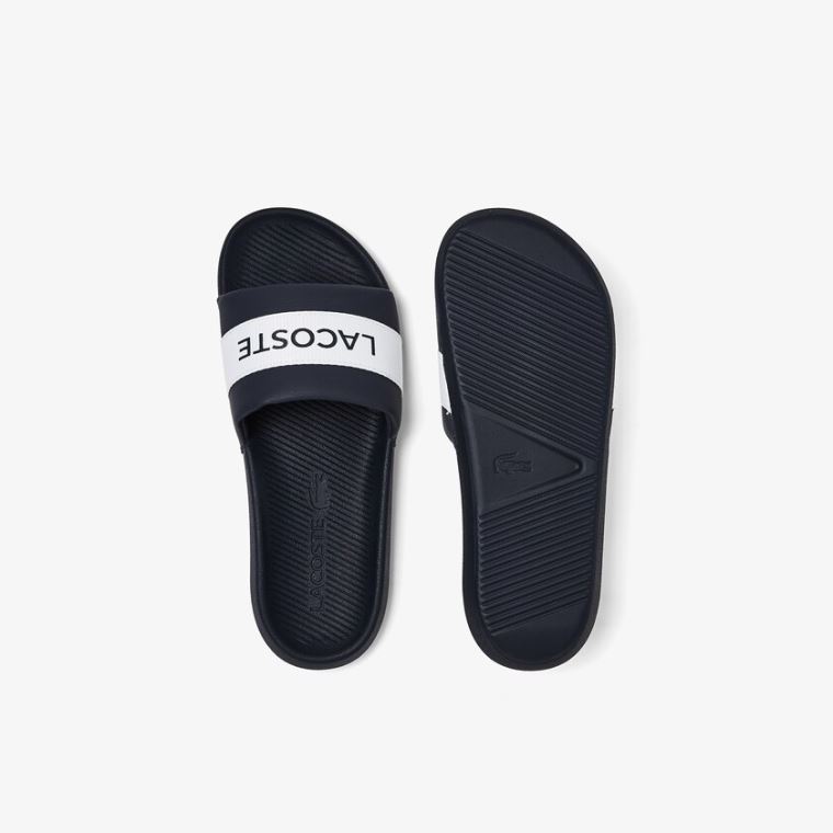 Lacoste Croco Slides Tekstil Logo Mørkeblå Hvide | b0G4d5Rj