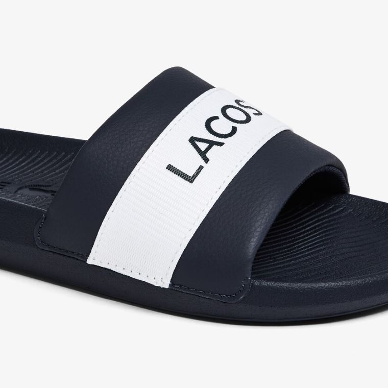 Lacoste Croco Slides Tekstil Logo Mørkeblå Hvide | b0G4d5Rj