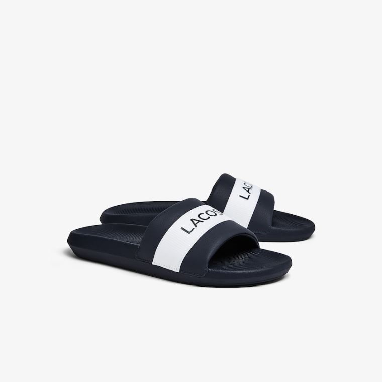 Lacoste Croco Tekstil Logo Slides Mørkeblå Hvide | AQtIyEGh