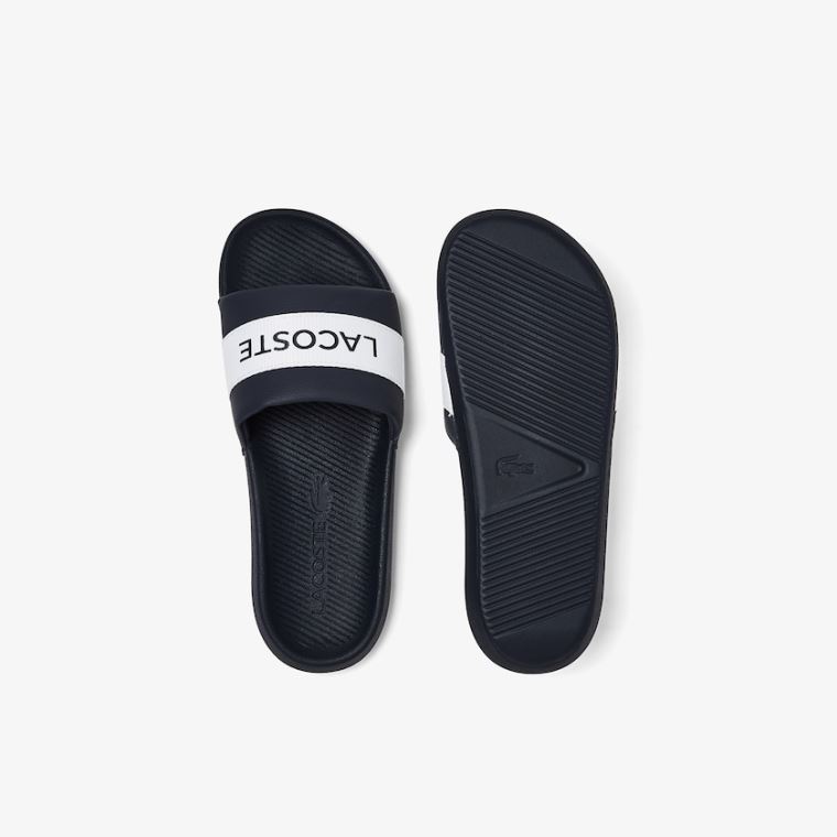 Lacoste Croco Tekstil Logo Slides Mørkeblå Hvide | AQtIyEGh