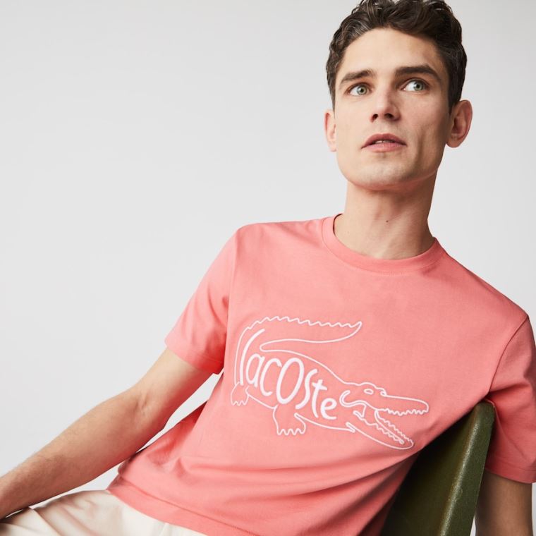 Lacoste Crocodile-Embroidery Bomulds T-shirt Lyserød | wabEctSd