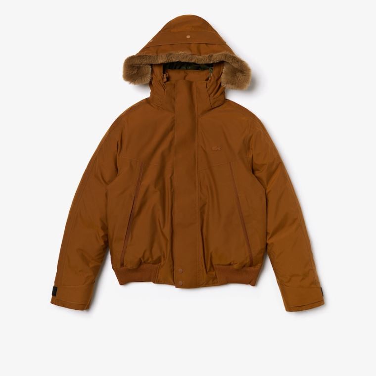 Lacoste Detachable Faux Fur Hood Kort Quilted Parka Brune Khaki Grøn | bDLyUucA