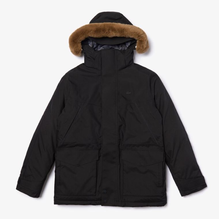 Lacoste Detachable Faux Fur Hood Long Quilted Parka Sort Mørkegrå | lM6jYO4b