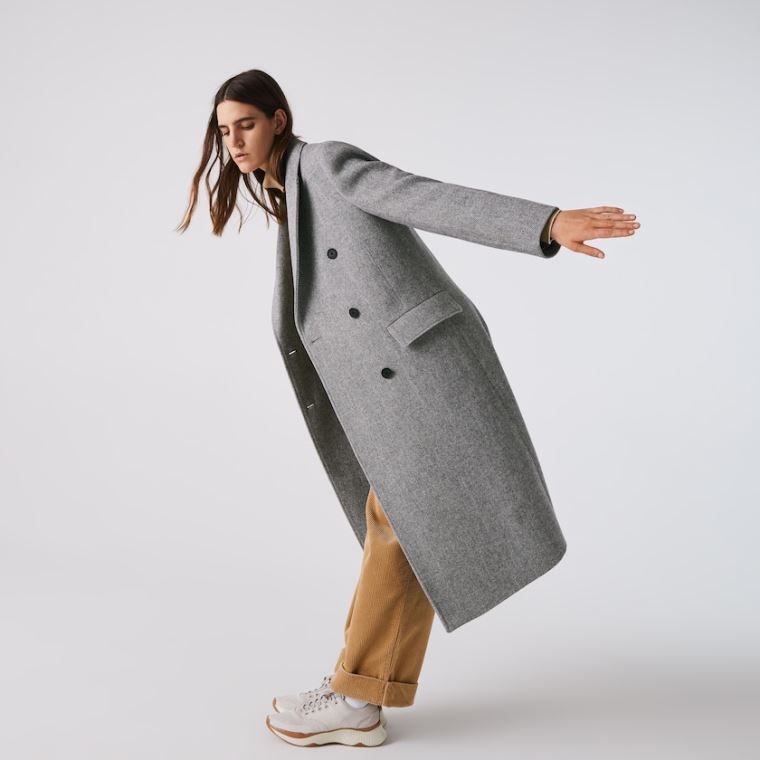 Lacoste Double-Breasted Chevron Long Wool Blend Coat Hvide Grå | 15Vi5uCr