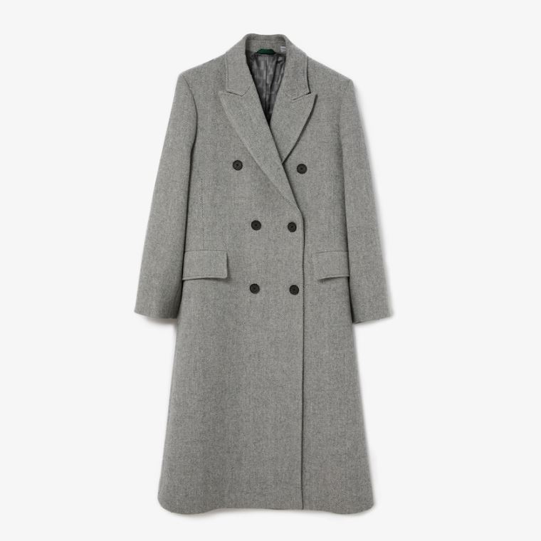 Lacoste Double-Breasted Chevron Long Wool Blend Coat Hvide Grå | 15Vi5uCr