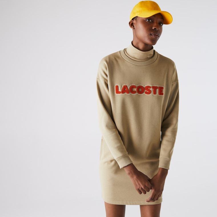 Lacoste Embroidered Accent Fleece Sweatshirt Kjole Beige | 8FFlrFFd