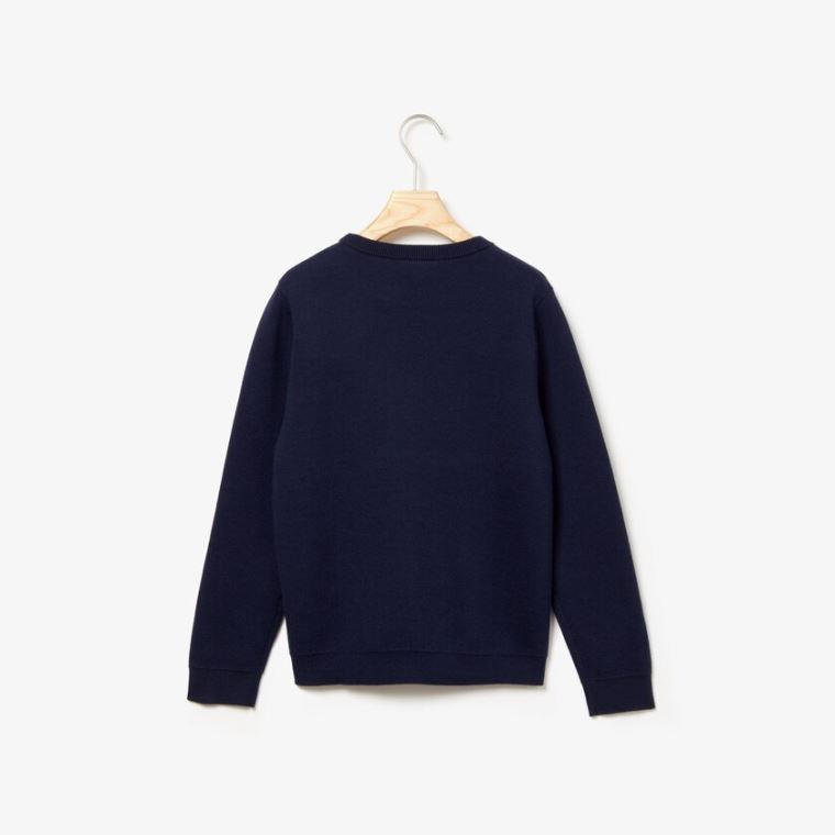 Lacoste Embroidered Croco Magic Wool And Bomulds Sweater Mørkeblå Blå | rs1d5D0E