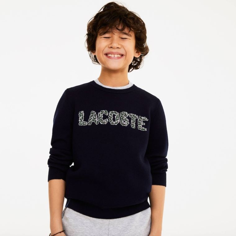 Lacoste Embroidered Croco Magic Wool And Bomulds Sweater Mørkeblå Blå | rs1d5D0E