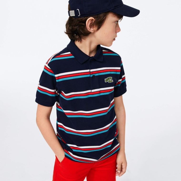 Lacoste Embroidered Logo Striped Polo Mørkeblå Blå Hvide | GYXuZlTC