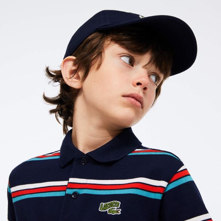 Lacoste Embroidered Logo Striped Polo Mørkeblå Blå Hvide | GYXuZlTC