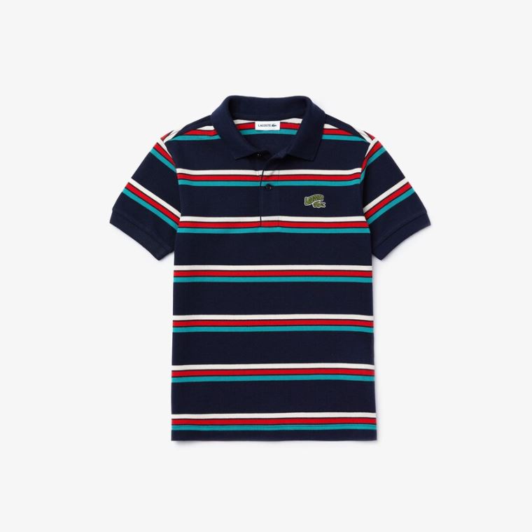 Lacoste Embroidered Logo Striped Polo Mørkeblå Blå Hvide | GYXuZlTC