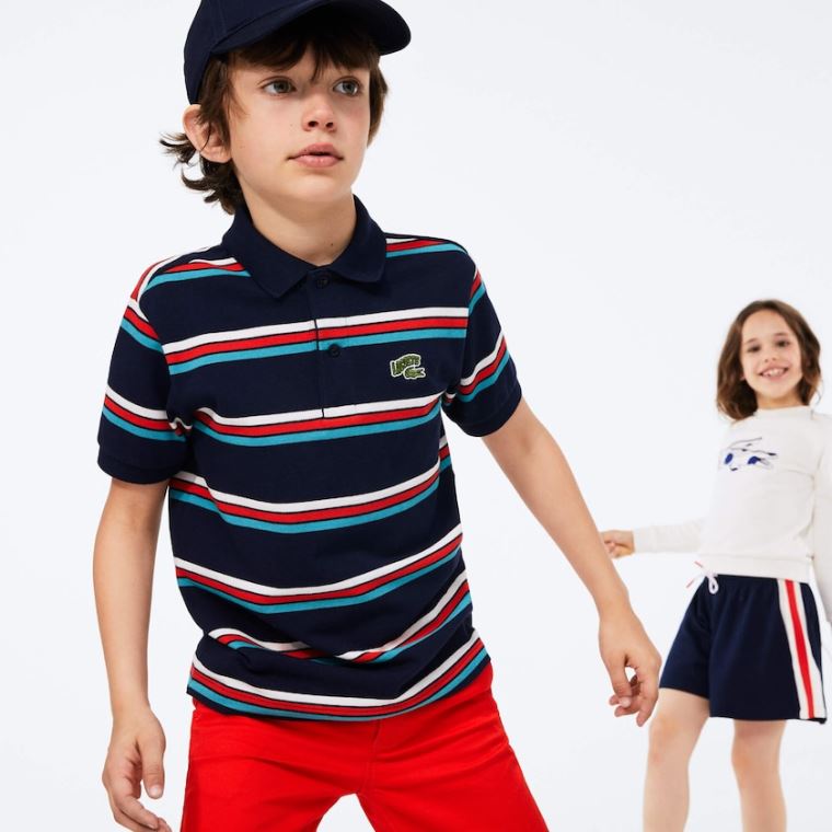 Lacoste Embroidered Logo Striped Polo Mørkeblå Blå Hvide | GYXuZlTC