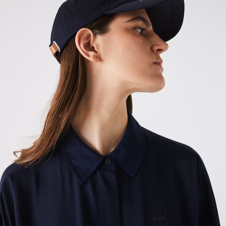 Lacoste Fitted Crepe Shirt Kjole Mørkeblå Blå | a8qe8yi8