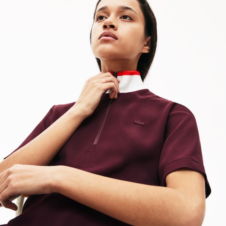 Lacoste Flared Zip-Up Polo Kjole Mørkerød Hvide Rød | eE0bWlbx