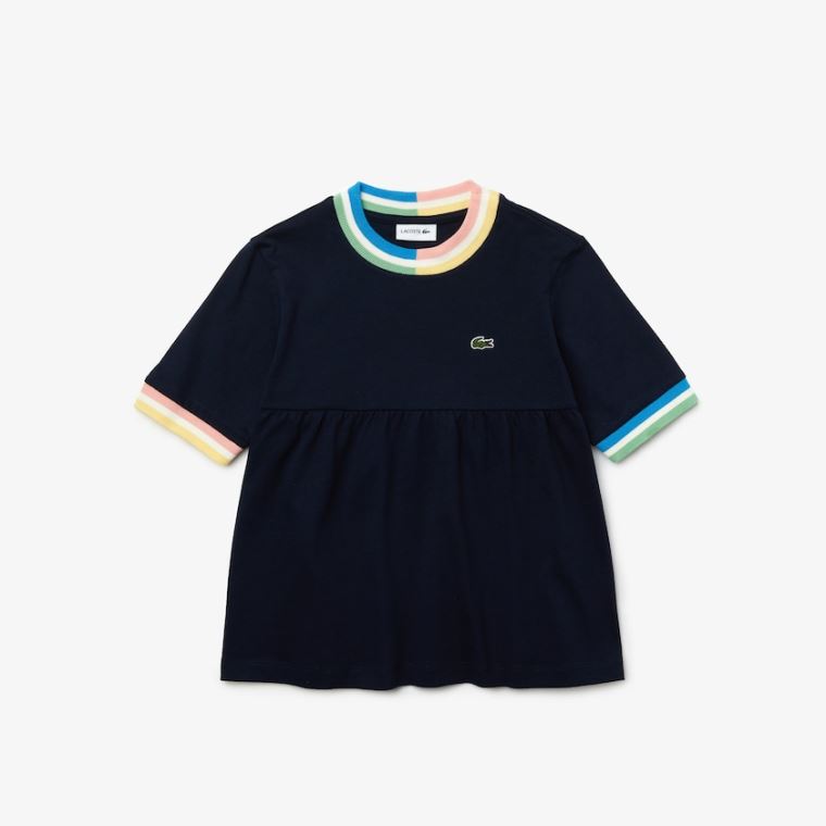 Lacoste Flounced Bomulds T-shirt Mørkeblå Blå Hvide | ShpUtRGC