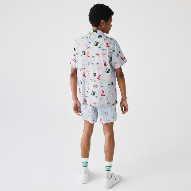 Lacoste Hawaiian Print Bomulds Shirt Blå Hvide | wV0QVDW4