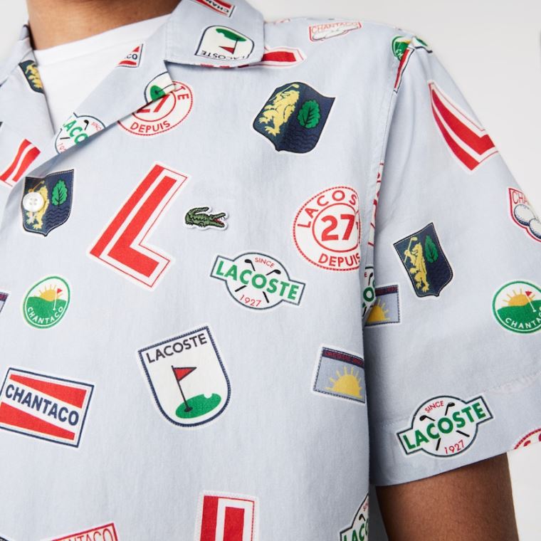 Lacoste Hawaiian Print Bomulds Shirt Blå Hvide | wV0QVDW4