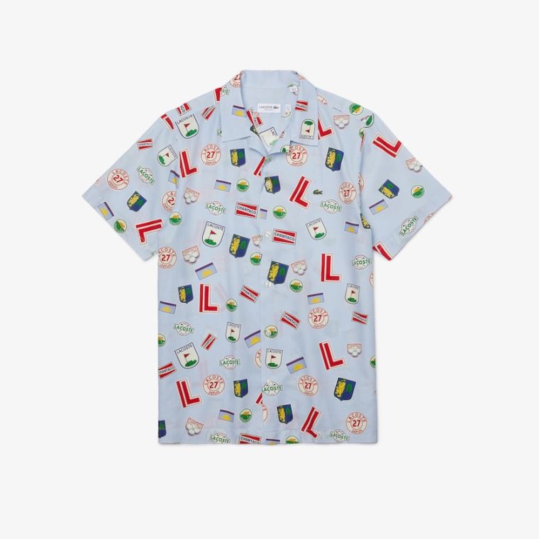 Lacoste Hawaiian Print Bomulds Shirt Blå Hvide | wV0QVDW4