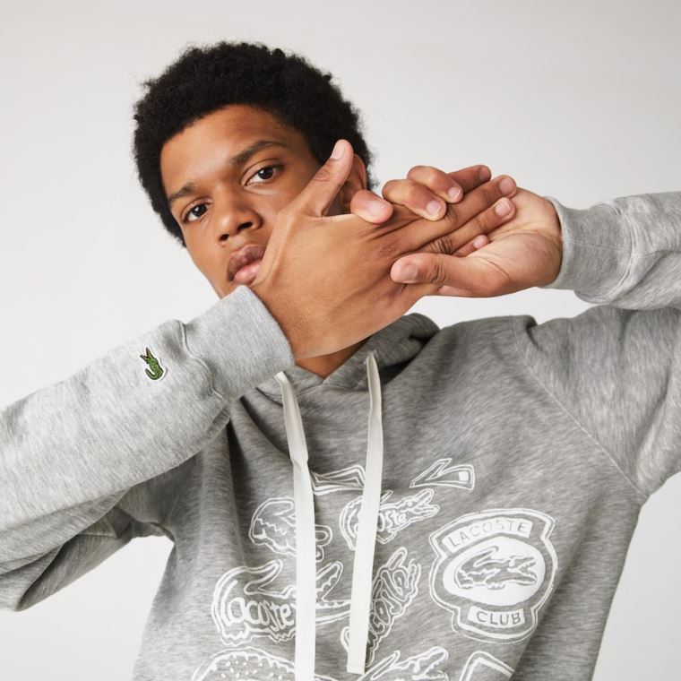 Lacoste Hætte Badge Print Fleece Sweatshirt Grå | TPfSq5YS