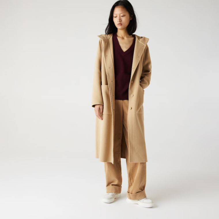 Lacoste Hætte Zippered Long Wool Blend Coat Beige | c54vAqFz