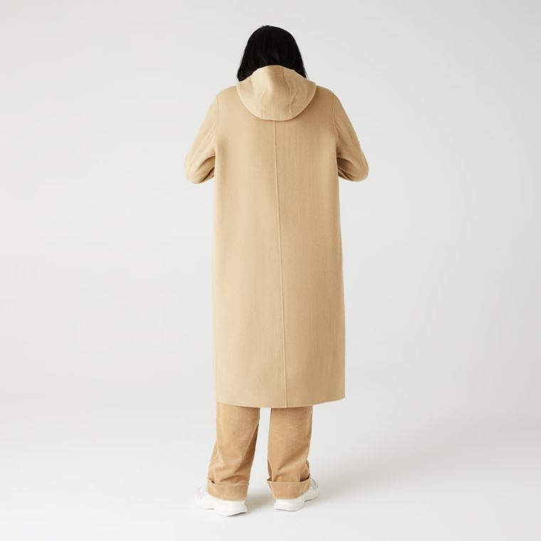 Lacoste Hætte Zippered Long Wool Blend Coat Beige | c54vAqFz