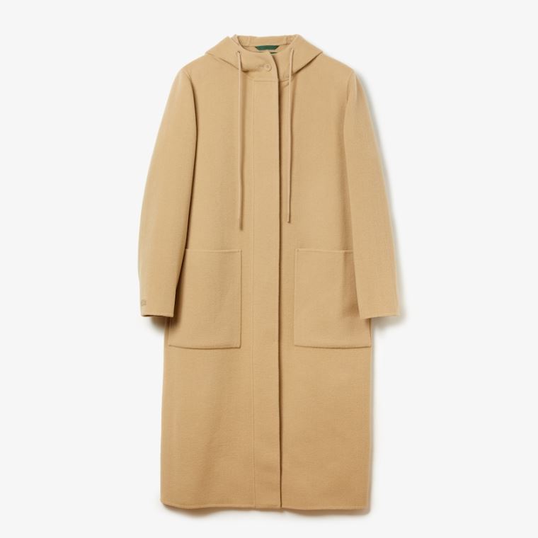 Lacoste Hætte Zippered Long Wool Blend Coat Beige | c54vAqFz