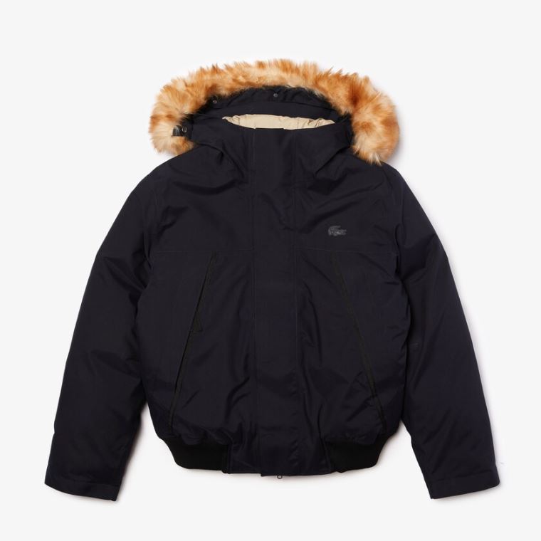 Lacoste Kort Strand-Resistant Quilted Hætte Parka Mørkeblå Blå Beige | 1S7oYcdc