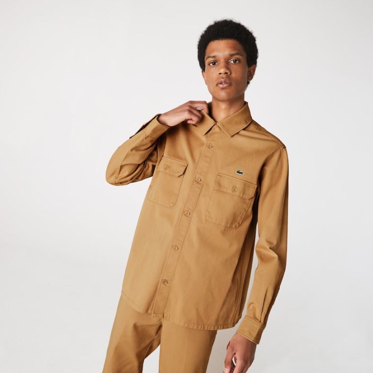 Lacoste LIVE Boxy Fit Bomulds Canvas Shirt Beige | Ic4WrsFQ