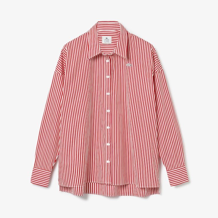 Lacoste LIVE Boxy-Fit Striped Bomulds Shirt Hvide Rød | 3vz5ntuI