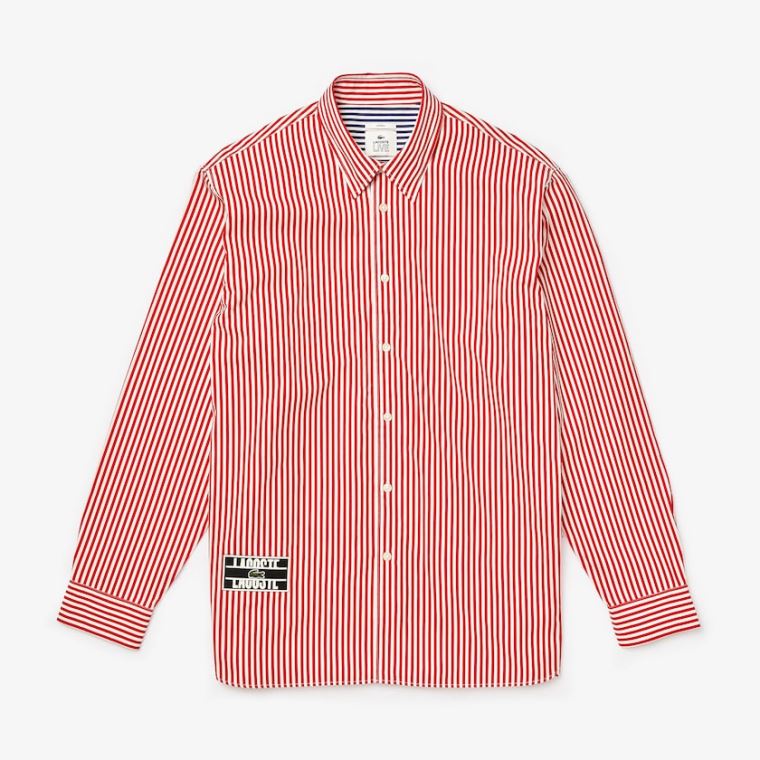 Lacoste LIVE Boxy-Fit Striped Bomulds Shirt Hvide Rød | 6Nci7EFs