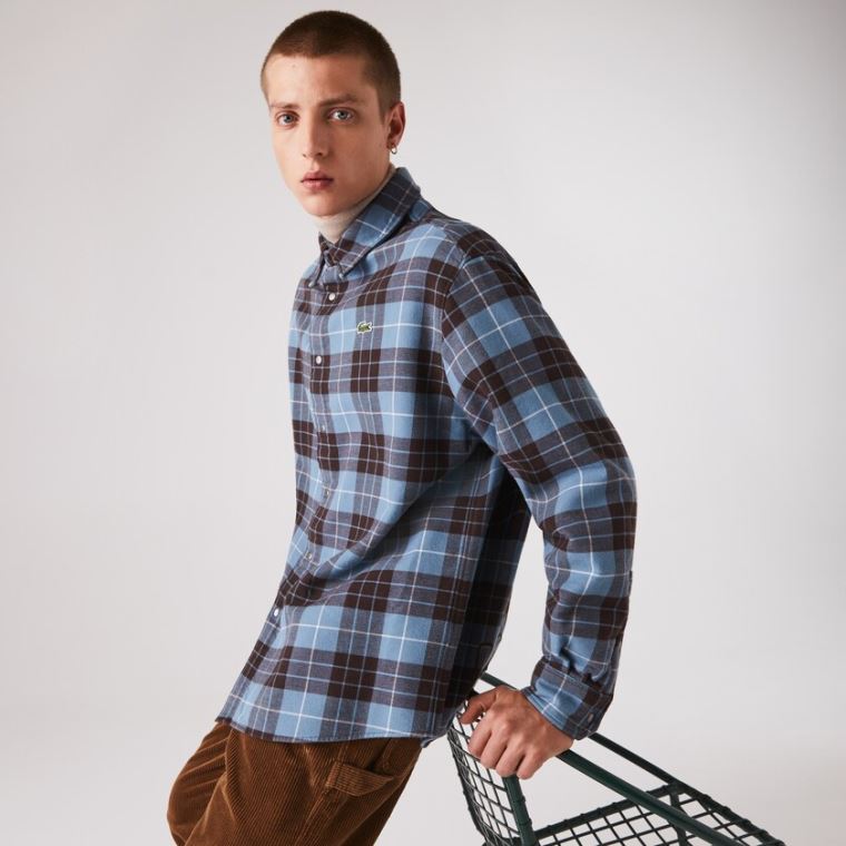 Lacoste LIVE Checked Flannel Forede Oversized Shirt Blå Brune | fGBrRNxt