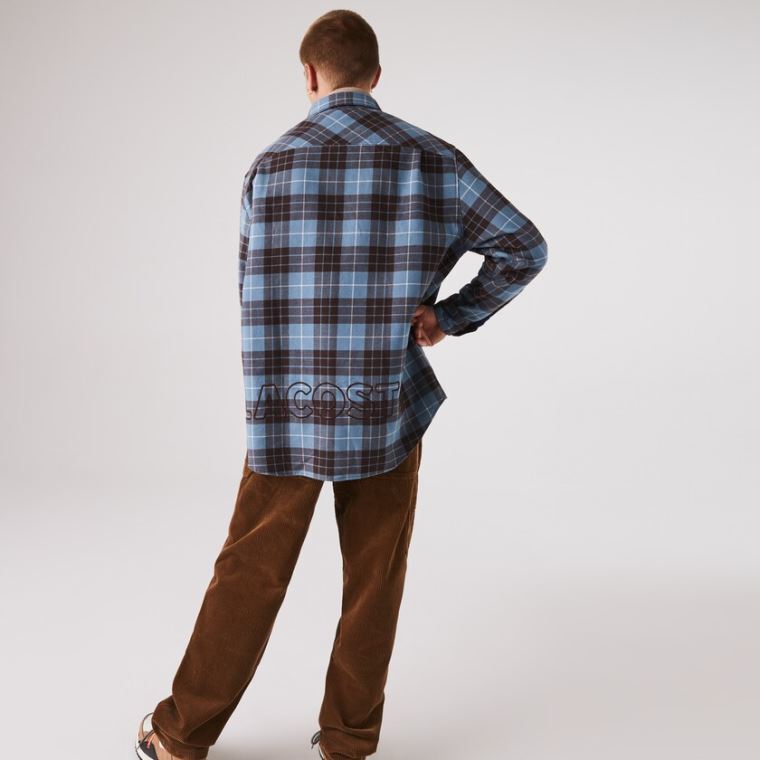 Lacoste LIVE Checked Flannel Forede Oversized Shirt Blå Brune | fGBrRNxt