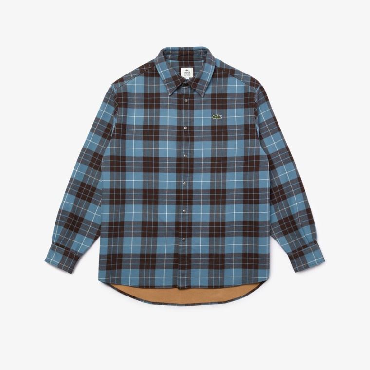 Lacoste LIVE Checked Flannel Forede Oversized Shirt Blå Brune | fGBrRNxt