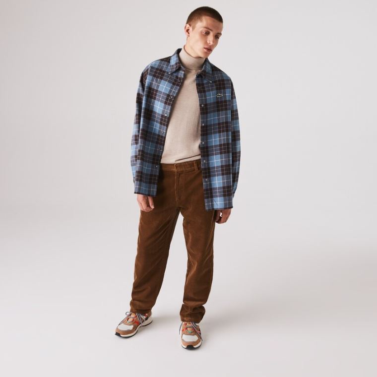 Lacoste LIVE Checked Flannel Forede Oversized Shirt Blå Brune | fGBrRNxt