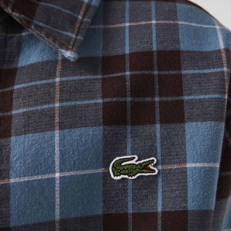 Lacoste LIVE Checked Flannel Forede Oversized Shirt Blå Brune | fGBrRNxt