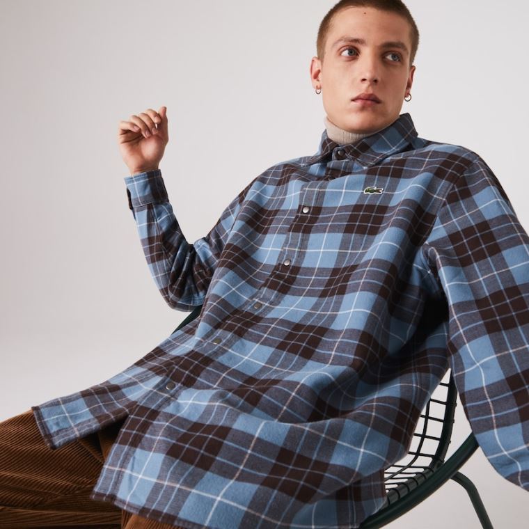 Lacoste LIVE Checked Flannel Forede Oversized Shirt Blå Brune | fGBrRNxt