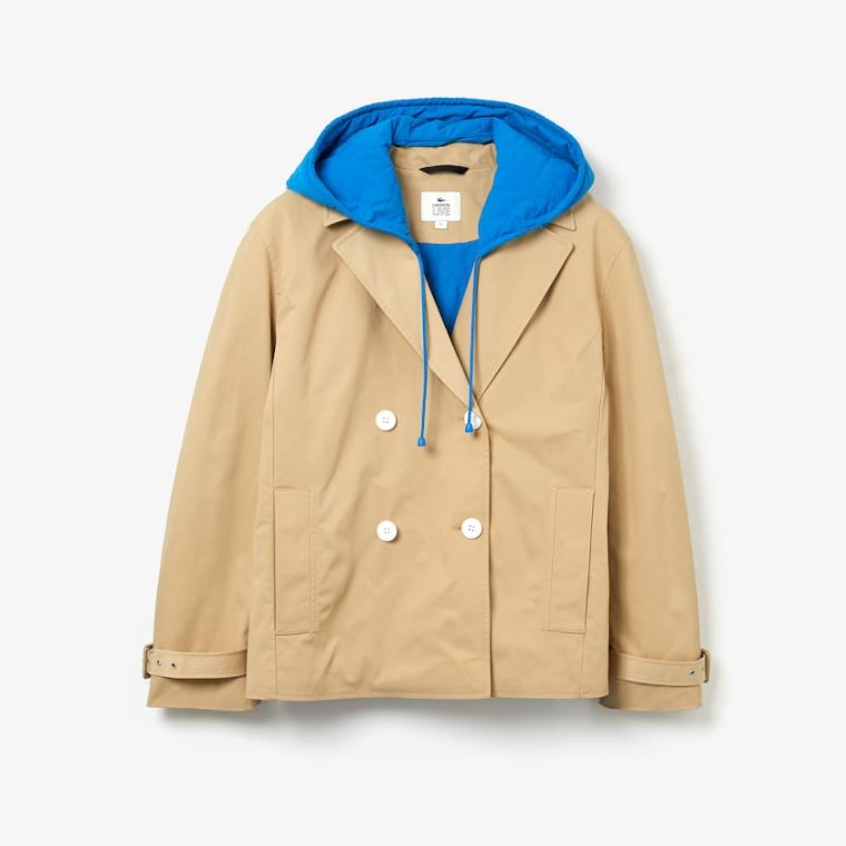 Lacoste LIVE Contrast Hood 2-in-1 Trench Coat Beige Blå | 13SjLa1E