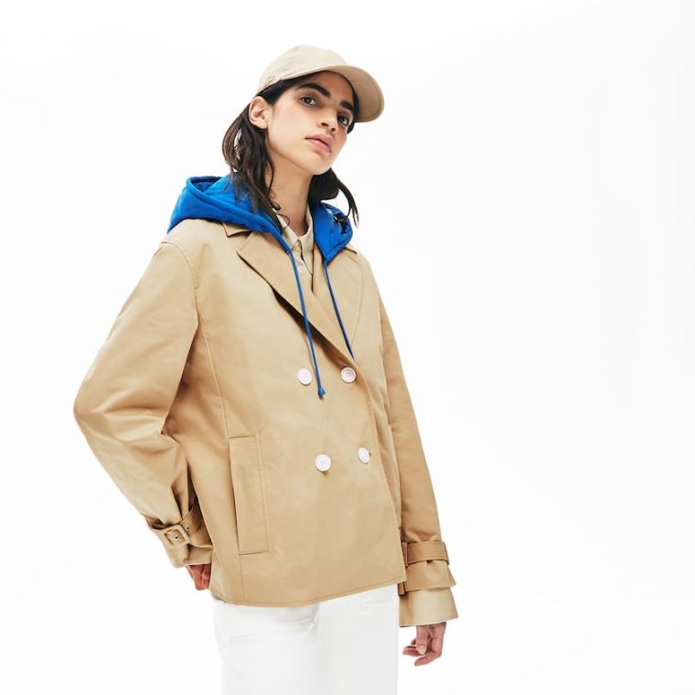 Lacoste LIVE Contrast Hood 2-in-1 Trench Coat Beige Blå | 13SjLa1E