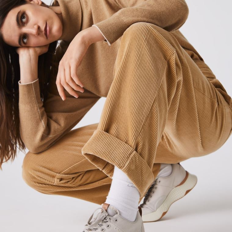 Lacoste LIVE High-Waisted Loose Ribbed Velvet Pants Beige | jrwtCyYr