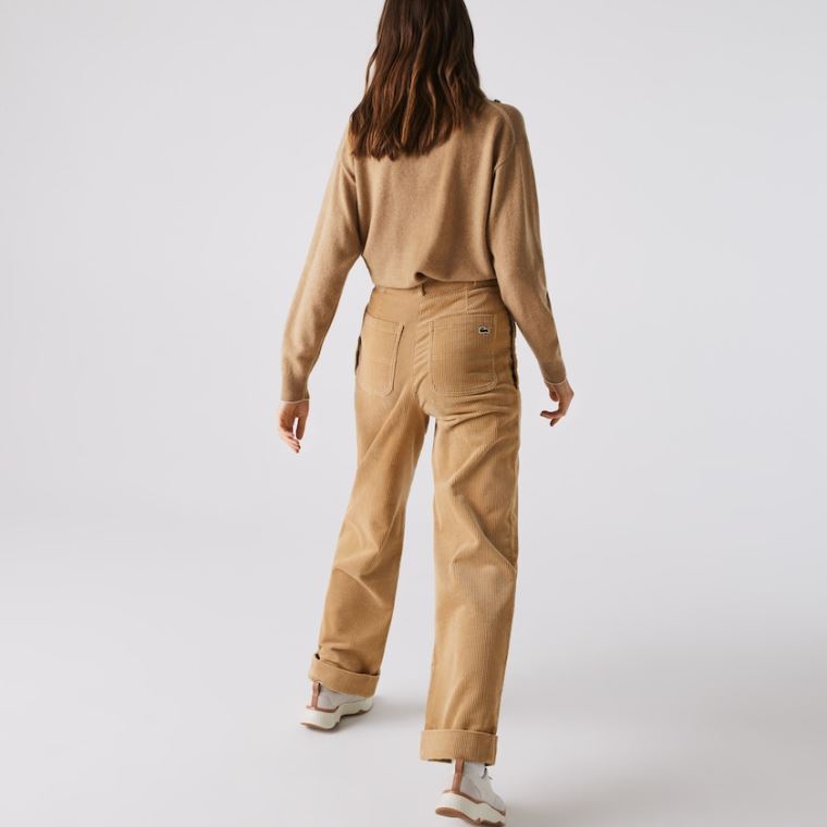 Lacoste LIVE High-Waisted Loose Ribbed Velvet Pants Beige | jrwtCyYr