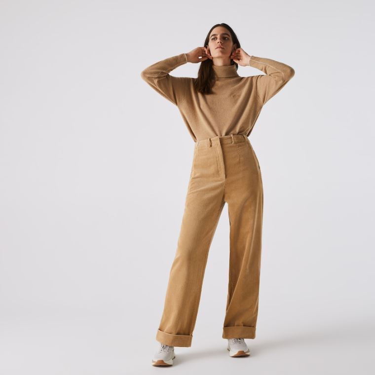 Lacoste LIVE High-Waisted Loose Ribbed Velvet Pants Beige | jrwtCyYr