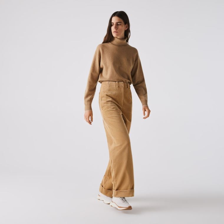 Lacoste LIVE High-Waisted Loose Ribbed Velvet Pants Beige | jrwtCyYr