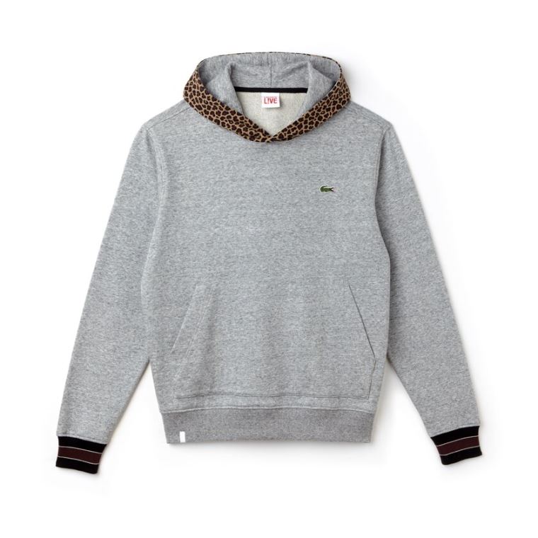 Lacoste LIVE Leopard Print Hood Fleece Sweatshirt Grå Hvide | MkHrxfOU