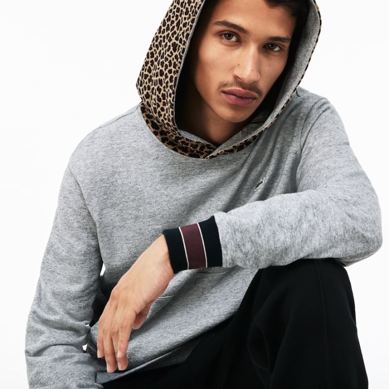 Lacoste LIVE Leopard Print Hood Fleece Sweatshirt Grå Hvide | MkHrxfOU