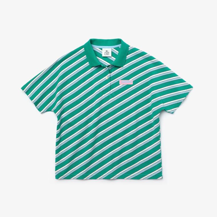 Lacoste LIVE Loose Fit Badge Striped Bomulds Piqué Polo Shirt Grøn Hvide | xwQt9qIm